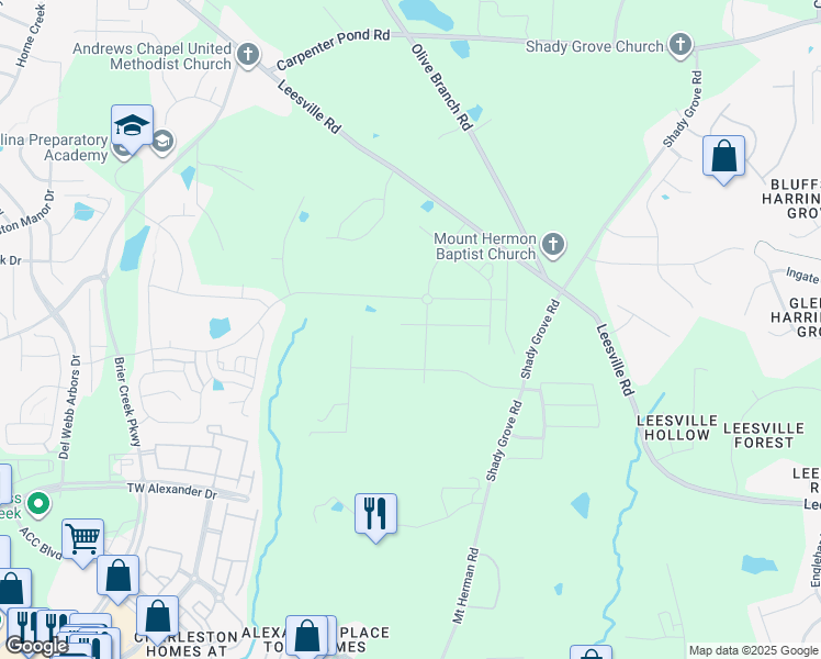 map of restaurants, bars, coffee shops, grocery stores, and more near 1107 Greatland Road in Durham
