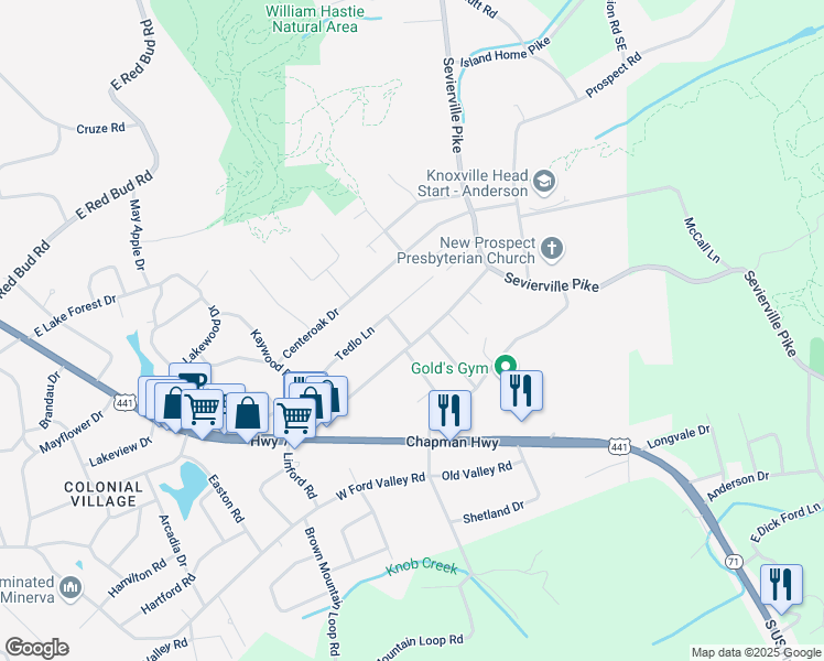 map of restaurants, bars, coffee shops, grocery stores, and more near 6100 Thomas Road in Knoxville