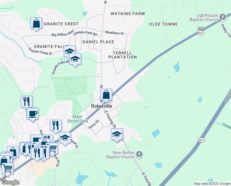 map of restaurants, bars, coffee shops, grocery stores, and more near 1112 North Main Street in Rolesville