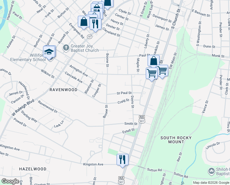 map of restaurants, bars, coffee shops, grocery stores, and more near 440 Paul Street in Rocky Mount
