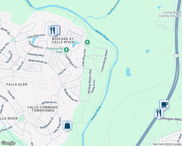 map of restaurants, bars, coffee shops, grocery stores, and more near 3136 Winding Water Way in Raleigh