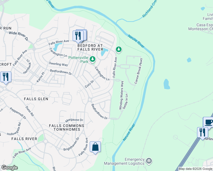 map of restaurants, bars, coffee shops, grocery stores, and more near 2400 Harline Court in Raleigh
