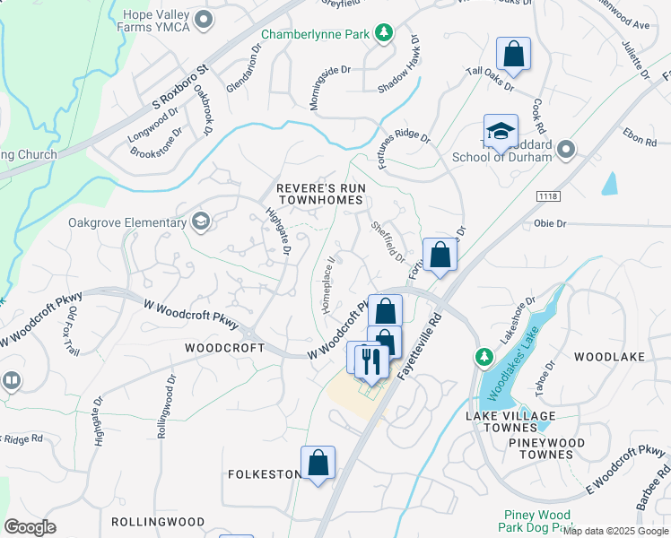 map of restaurants, bars, coffee shops, grocery stores, and more near 200 West Woodcroft Parkway in Durham