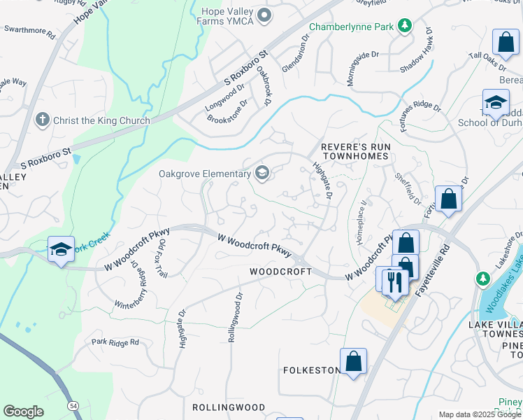 map of restaurants, bars, coffee shops, grocery stores, and more near 936 West Woodcroft Parkway in Durham