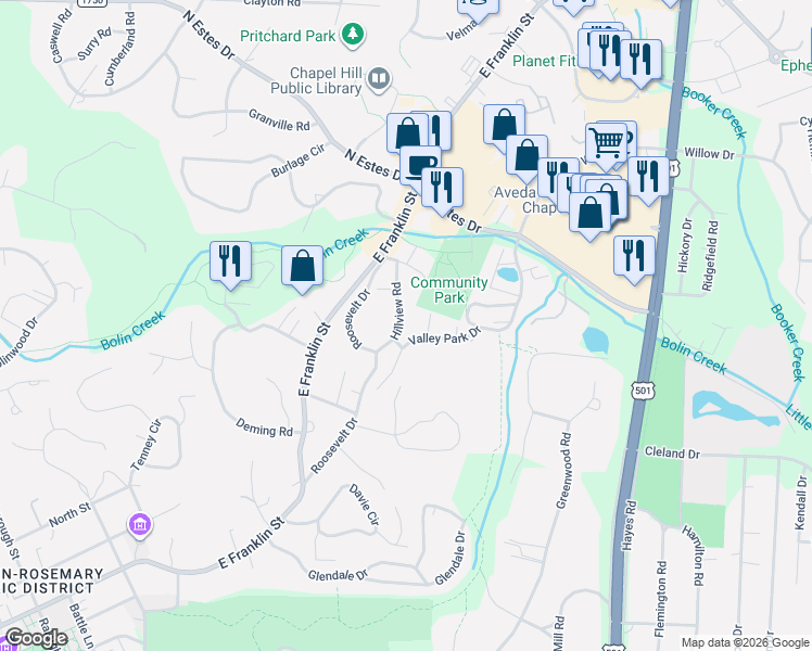 map of restaurants, bars, coffee shops, grocery stores, and more near 1210 Hillview Road in Chapel Hill