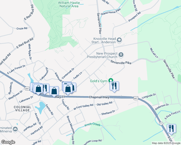 map of restaurants, bars, coffee shops, grocery stores, and more near 6100 Thomas Road in Knoxville