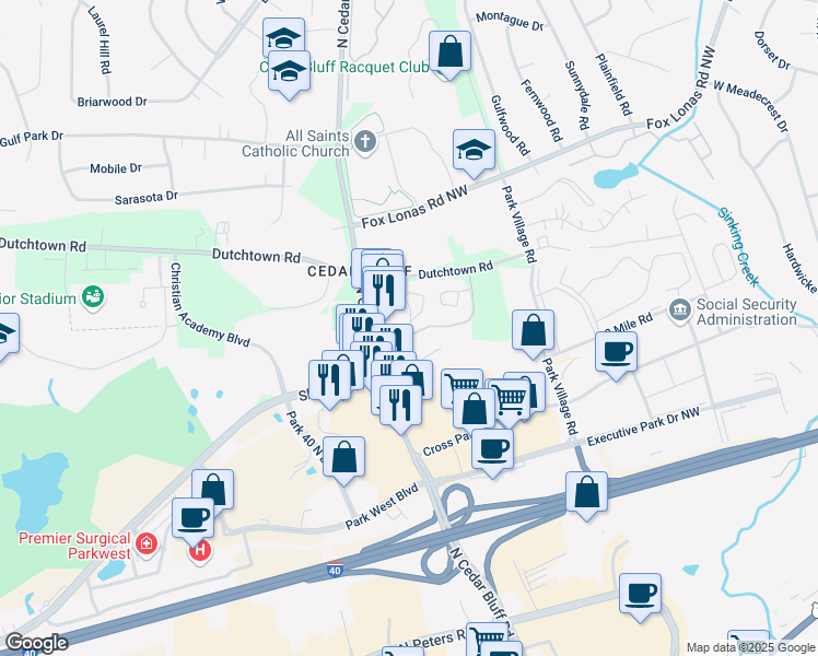 map of restaurants, bars, coffee shops, grocery stores, and more near 448 North Cedar Bluff Road in Knoxville