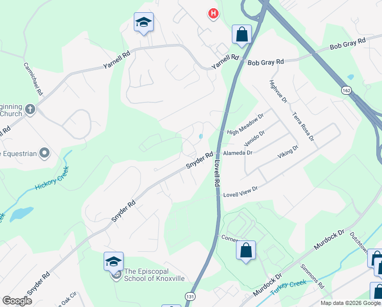 map of restaurants, bars, coffee shops, grocery stores, and more near 10807-10845 Snyder Road in Knoxville