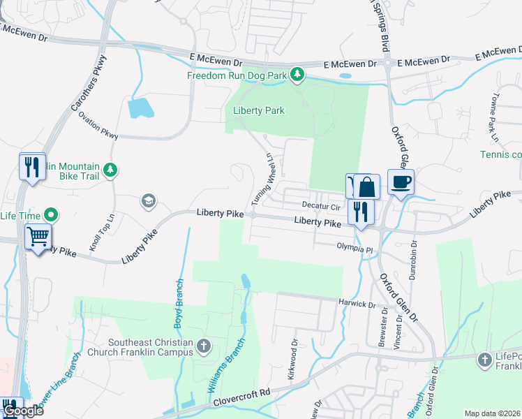 map of restaurants, bars, coffee shops, grocery stores, and more near 1904 Turning Wheel Lane in Franklin
