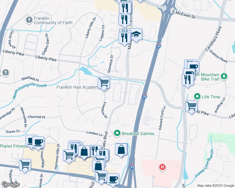 map of restaurants, bars, coffee shops, grocery stores, and more near 31 Franklin Oaks 1 in Franklin