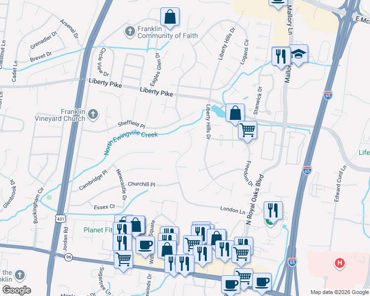 map of restaurants, bars, coffee shops, grocery stores, and more near 120 Wembly Court in Franklin