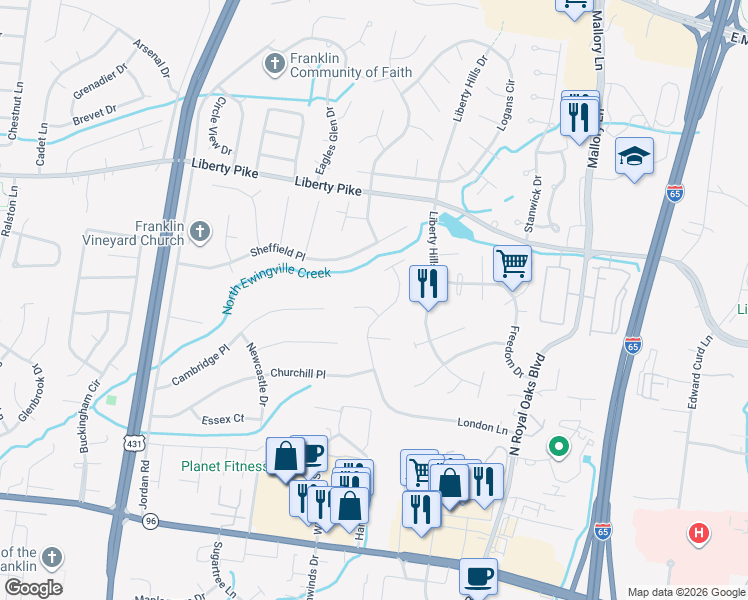 map of restaurants, bars, coffee shops, grocery stores, and more near 120 Wembly Court in Franklin