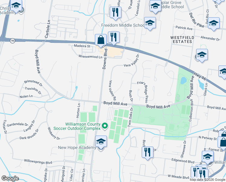 map of restaurants, bars, coffee shops, grocery stores, and more near 3174 Vera Valley Road in Franklin