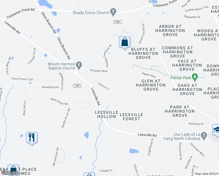 map of restaurants, bars, coffee shops, grocery stores, and more near 12312 Tetons Court in Durham