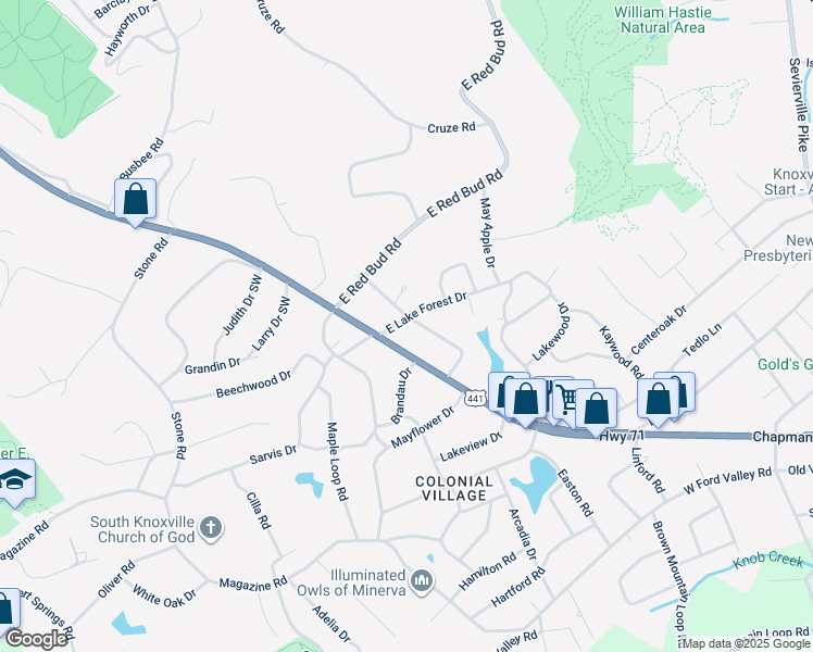 map of restaurants, bars, coffee shops, grocery stores, and more near 5601 Lake Shore Drive in Knoxville