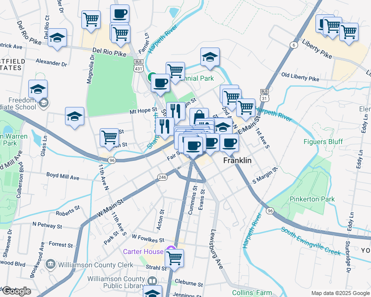 map of restaurants, bars, coffee shops, grocery stores, and more near 125 5th Avenue North in Franklin