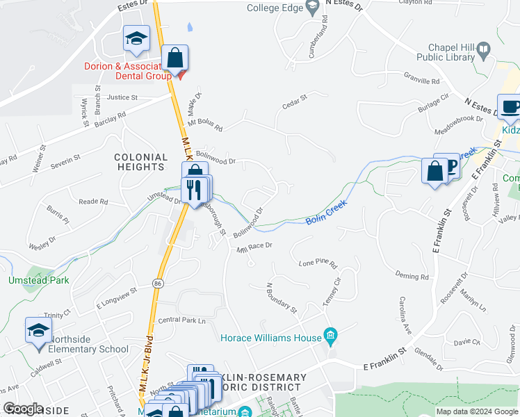 map of restaurants, bars, coffee shops, grocery stores, and more near Bolinwood Drive in Chapel Hill