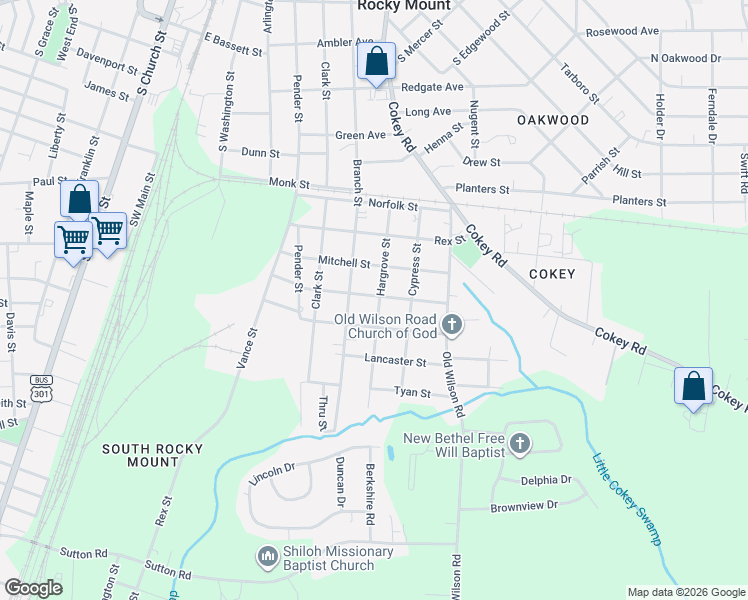 map of restaurants, bars, coffee shops, grocery stores, and more near 1324 Hargrove Street in Rocky Mount