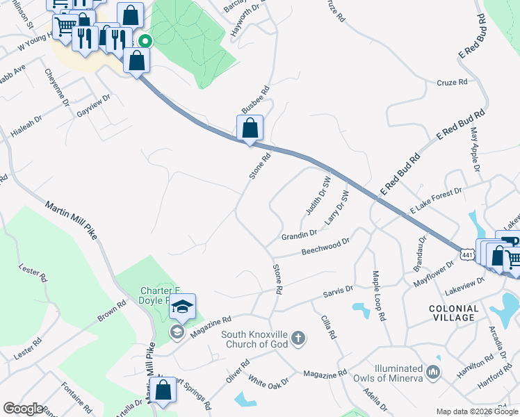 map of restaurants, bars, coffee shops, grocery stores, and more near 117 Royal Heights Dr in Knoxville