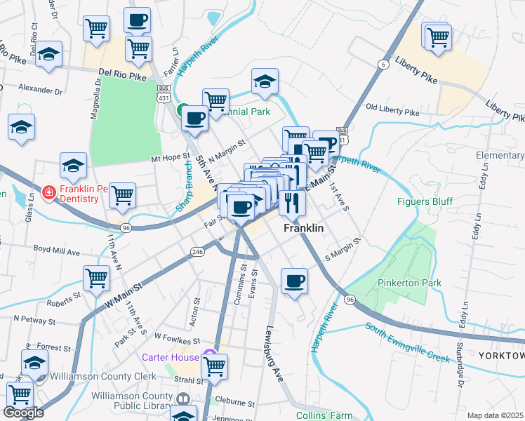 map of restaurants, bars, coffee shops, grocery stores, and more near in Franklin