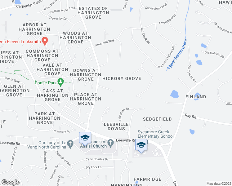 map of restaurants, bars, coffee shops, grocery stores, and more near 11416 Hickory Grove Church Road in Raleigh