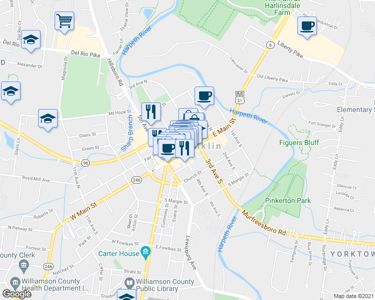 map of restaurants, bars, coffee shops, grocery stores, and more near 340 Main Street in Franklin