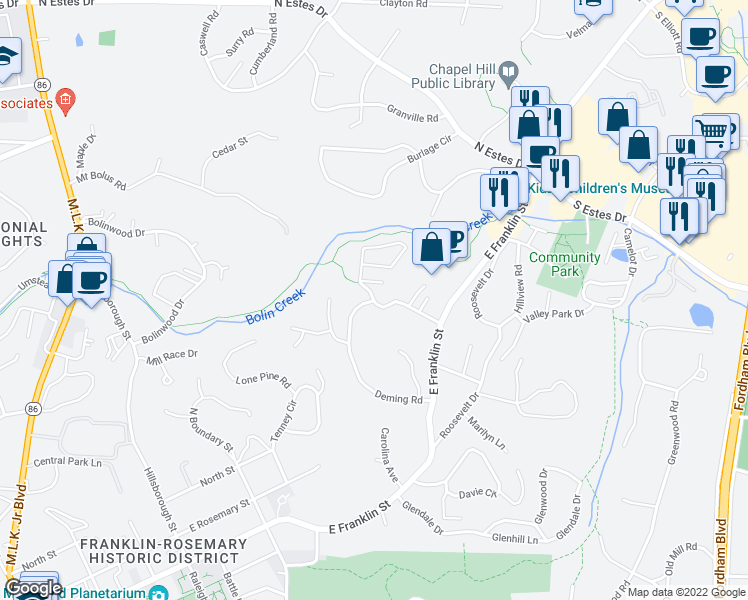map of restaurants, bars, coffee shops, grocery stores, and more near Elizabeth St & Deepwood Rd in Chapel Hill