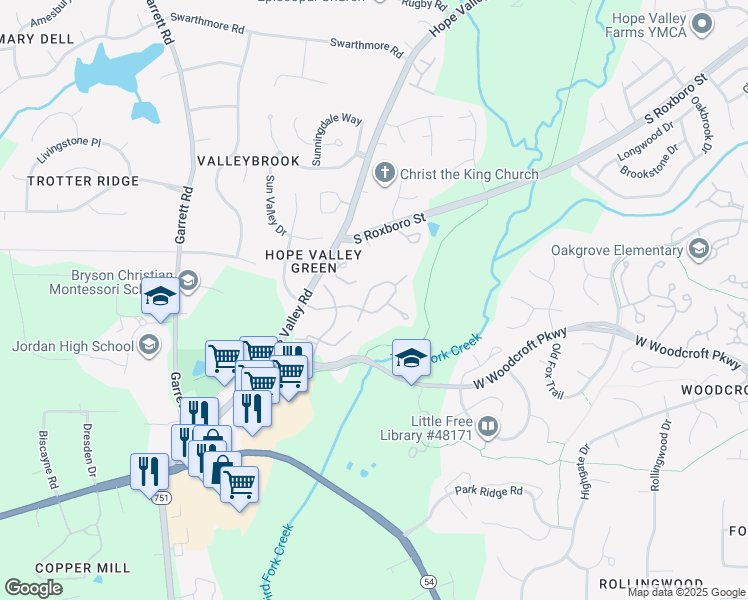 map of restaurants, bars, coffee shops, grocery stores, and more near 4611 Hope Valley Road in Durham