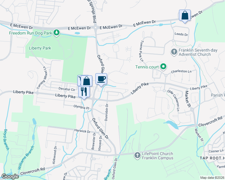 map of restaurants, bars, coffee shops, grocery stores, and more near 1120 Hudson Lane in Franklin