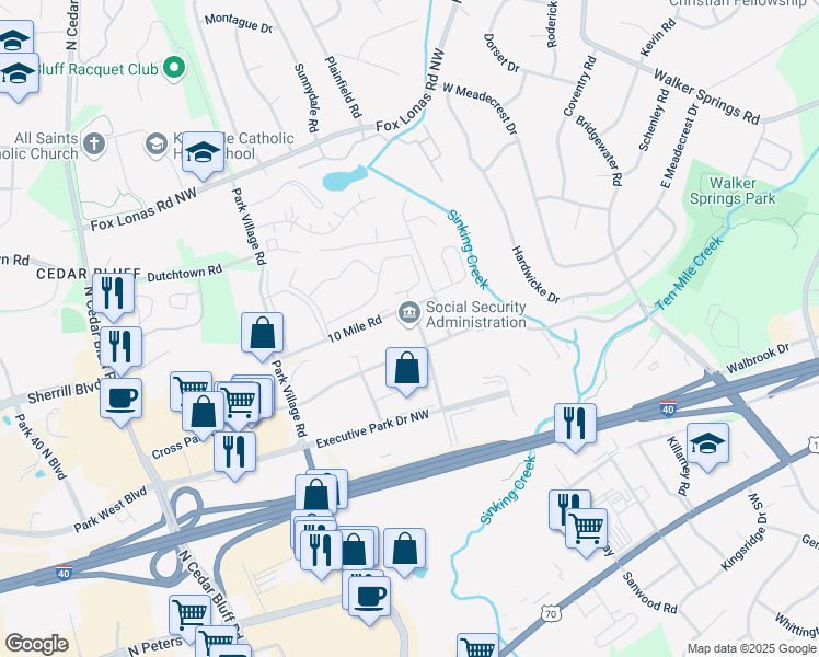 map of restaurants, bars, coffee shops, grocery stores, and more near 9031 Cross Park Drive in Knoxville