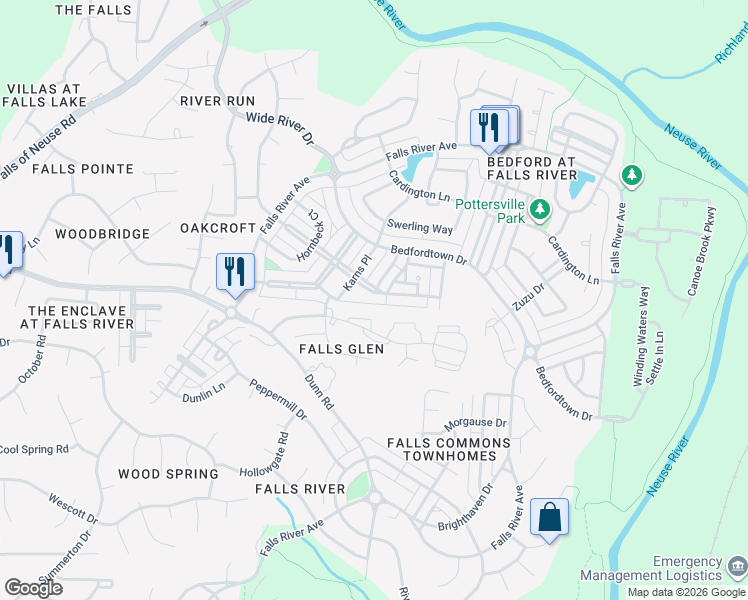 map of restaurants, bars, coffee shops, grocery stores, and more near 10530 Evergreen Spring Place in Raleigh