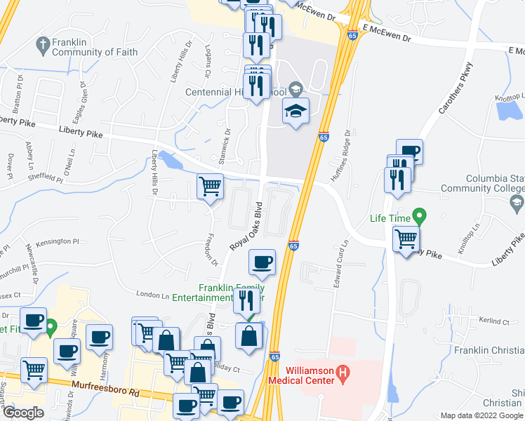 map of restaurants, bars, coffee shops, grocery stores, and more near 300 North Royal Oaks Boulevard in Franklin