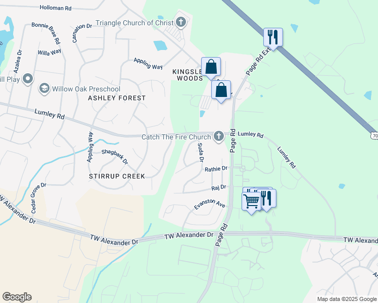 map of restaurants, bars, coffee shops, grocery stores, and more near 2818 Bombay Drive in Durham