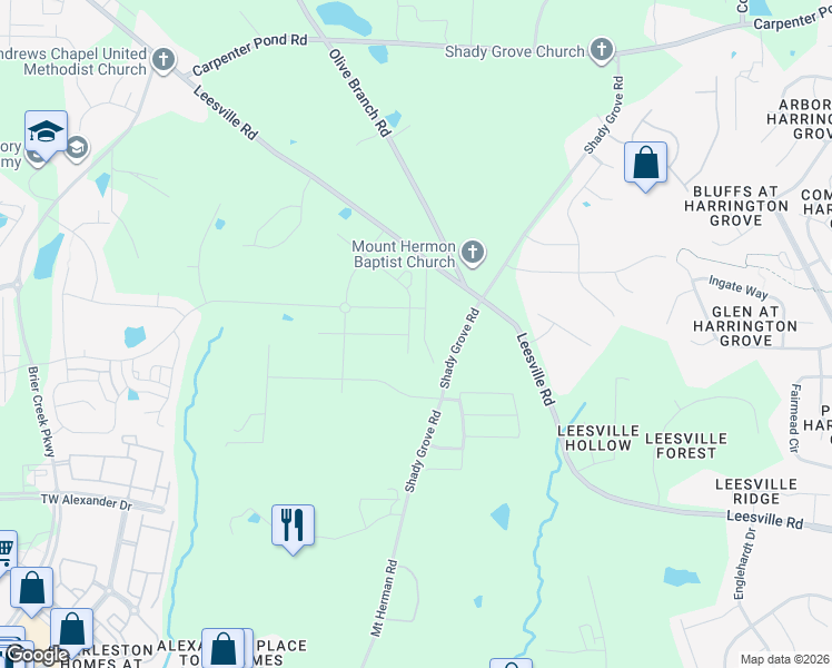 map of restaurants, bars, coffee shops, grocery stores, and more near 2501 Maplemere Court in Durham