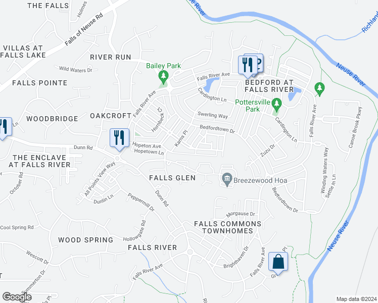 map of restaurants, bars, coffee shops, grocery stores, and more near 10530 Evergreen Spring Place in Raleigh