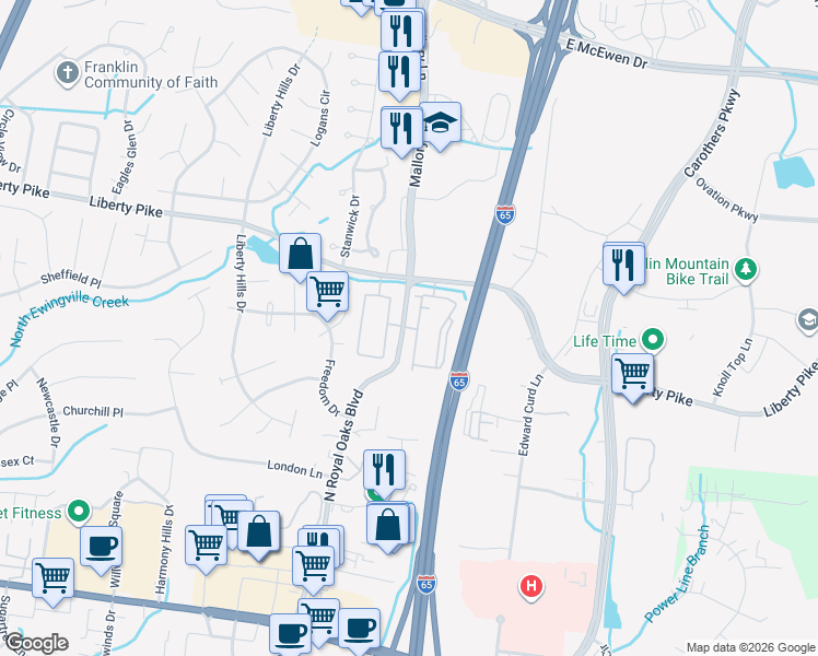 map of restaurants, bars, coffee shops, grocery stores, and more near 300 Royal Oaks Blvd in Franklin