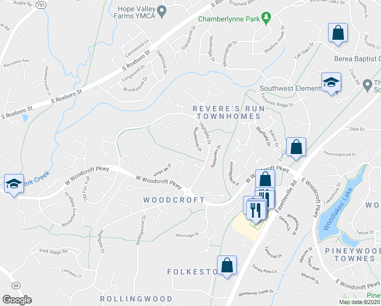map of restaurants, bars, coffee shops, grocery stores, and more near 519 Woodwinds Drive in Durham