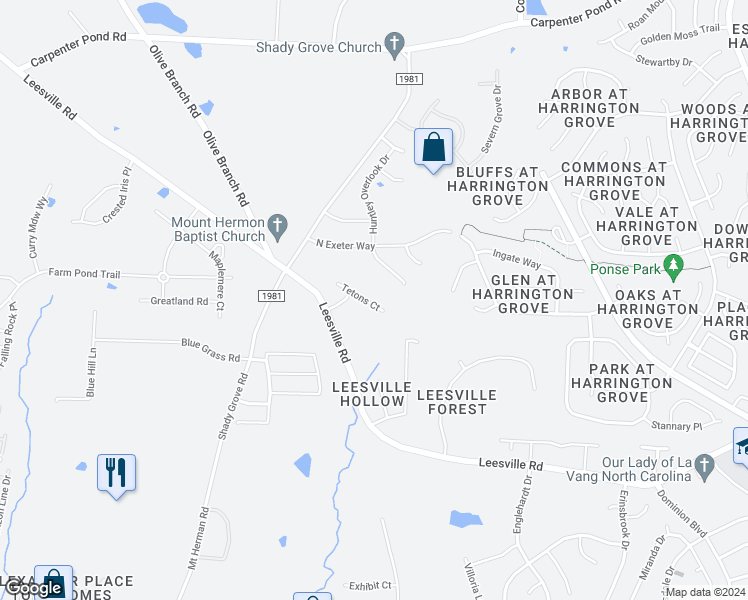 map of restaurants, bars, coffee shops, grocery stores, and more near 12320 Tetons Court in Durham