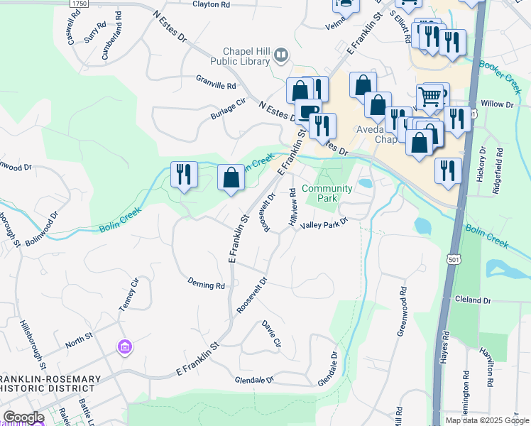 map of restaurants, bars, coffee shops, grocery stores, and more near 1206 Roosevelt Drive in Chapel Hill