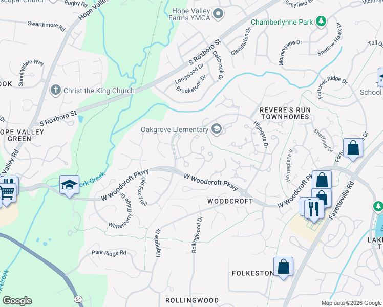 map of restaurants, bars, coffee shops, grocery stores, and more near 1048 West Woodcroft Parkway in Durham