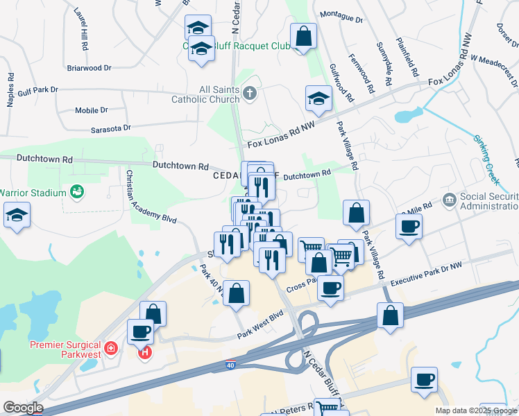 map of restaurants, bars, coffee shops, grocery stores, and more near 448 North Cedar Bluff Road in Knoxville