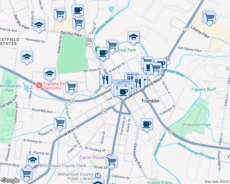 map of restaurants, bars, coffee shops, grocery stores, and more near 123 5th Avenue North in Franklin