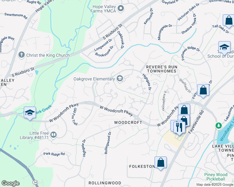 map of restaurants, bars, coffee shops, grocery stores, and more near 936 West Woodcroft Parkway in Durham
