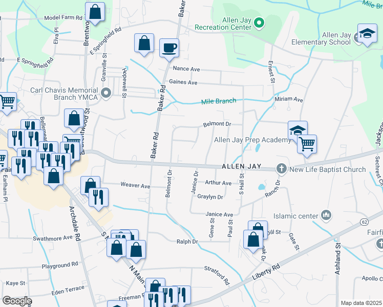 map of restaurants, bars, coffee shops, grocery stores, and more near 2717 Lafayette Place in High Point