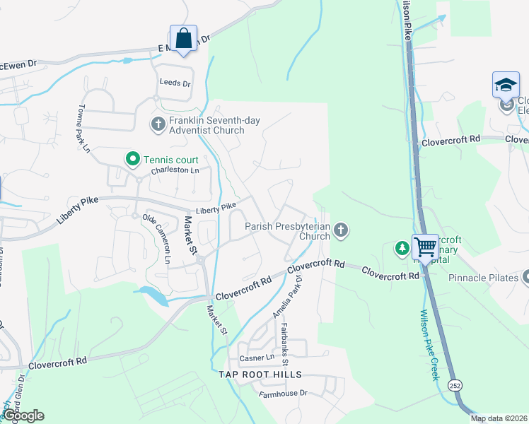 map of restaurants, bars, coffee shops, grocery stores, and more near 1122 Waverly Place in Franklin