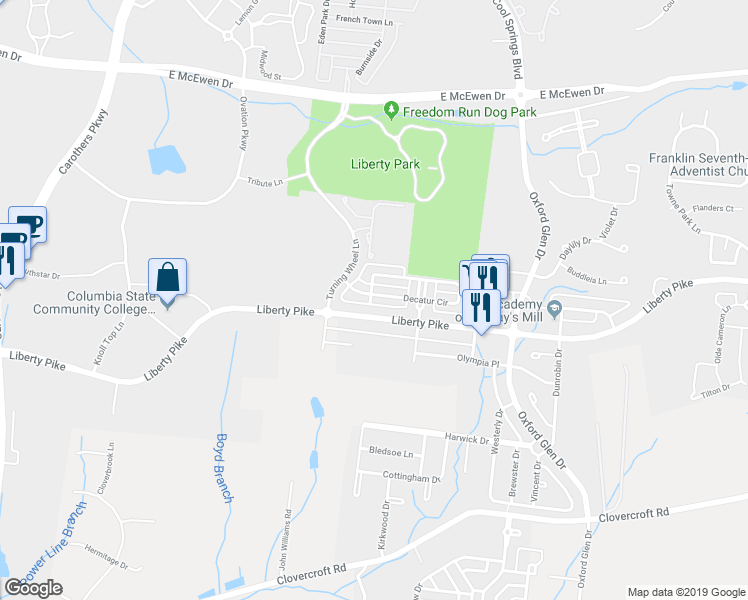 map of restaurants, bars, coffee shops, grocery stores, and more near 1413 Decatur Circle in Franklin