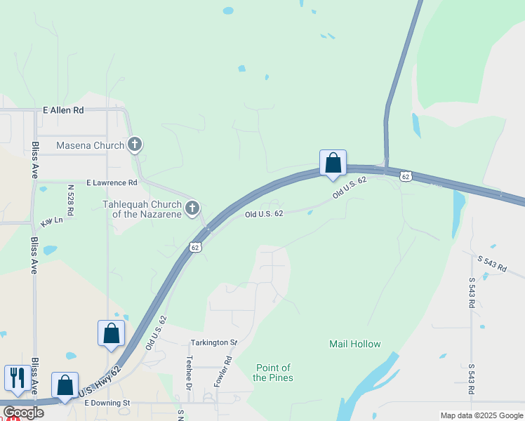 map of restaurants, bars, coffee shops, grocery stores, and more near 17459 South Old Highway 62 in Tahlequah