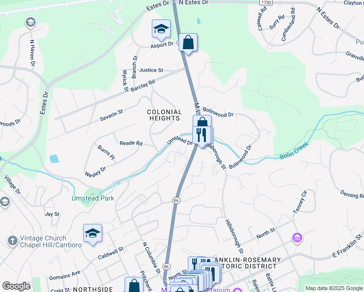 map of restaurants, bars, coffee shops, grocery stores, and more near 208 Greene Street in Chapel Hill