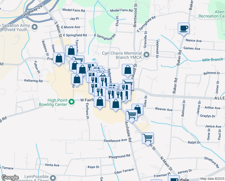 map of restaurants, bars, coffee shops, grocery stores, and more near 201 East Fairfield Road in High Point