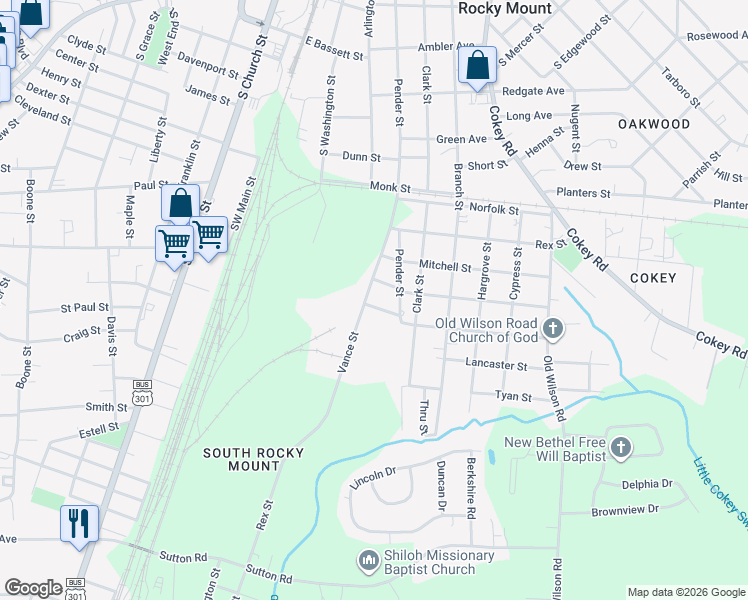 map of restaurants, bars, coffee shops, grocery stores, and more near 1401-1499 Vance St in Rocky Mt